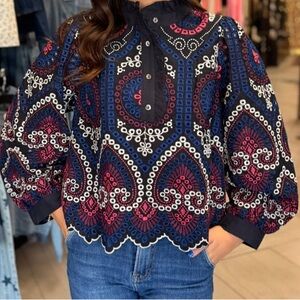 Corley The Rhonda Top in navy with multi-color embroidery